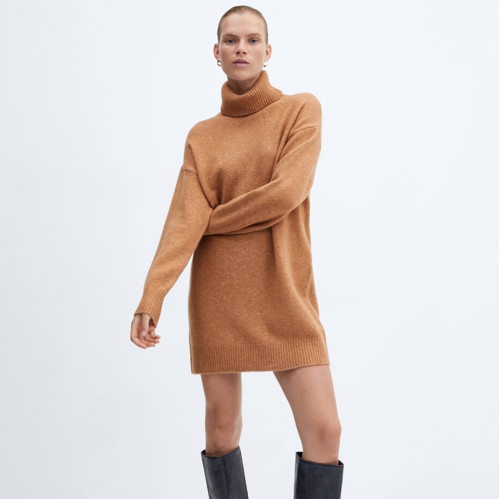 Mango,Women’s Turtle neck wool blend oversized knit dress, tan size XXS (fit S)